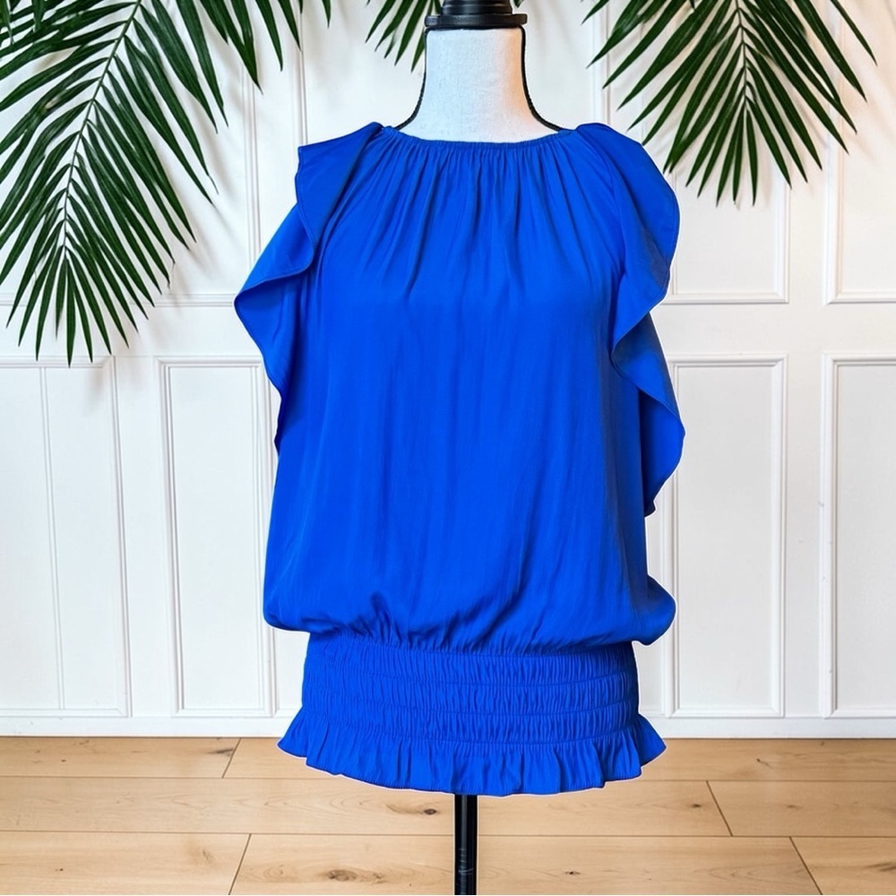 Ramy Brook Keegan Blue Ruffle Sleeve Smocked Waist Blouse Top Size M NWT
